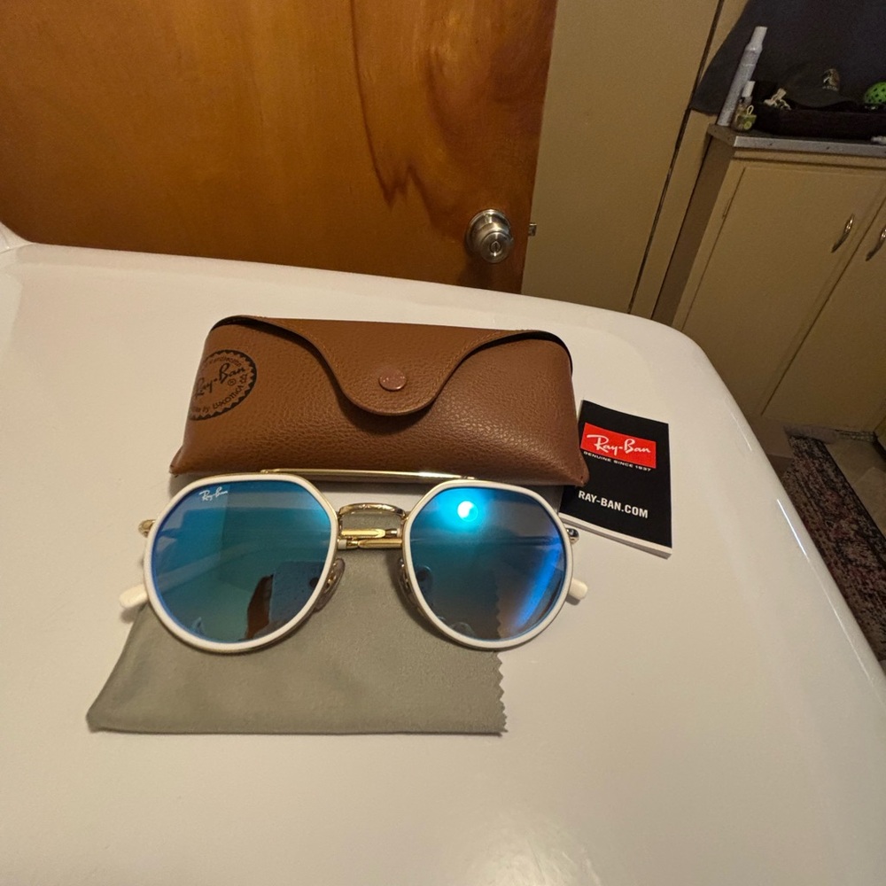 Ray-Ban White Frame Sunglasses with Blue Mirrored Lenses